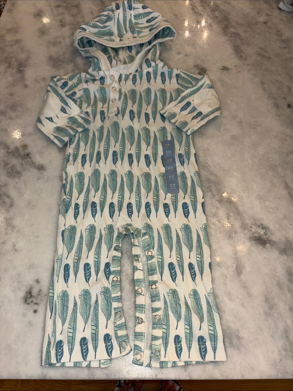 kate quinn Hooded Baby Romper in Teal and Aqua Feather Print